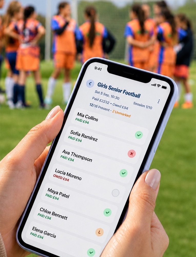 The TopMark register open on an iPhone at a football session, showing attendance and payment status for each player.